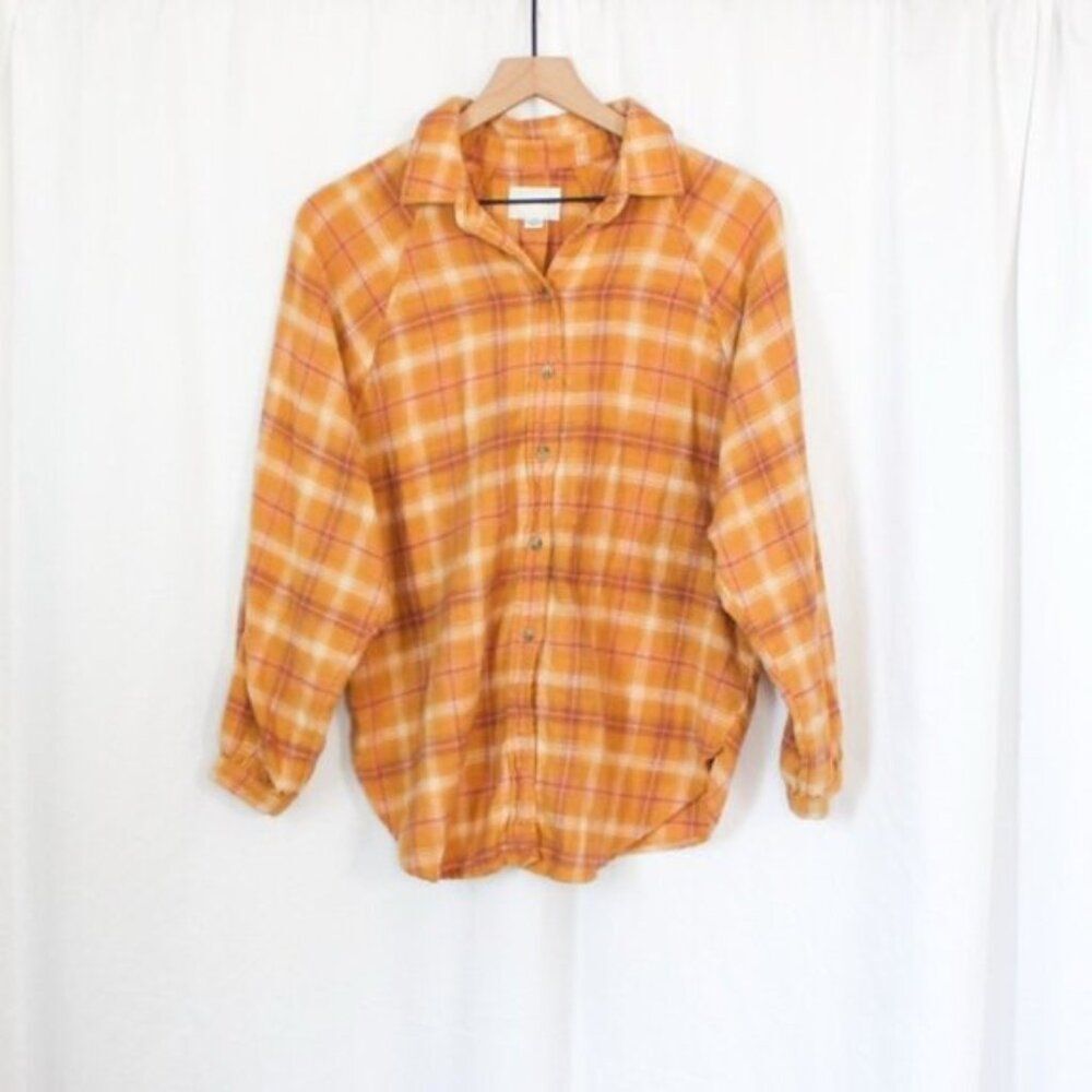 American Eagle Women's Oversized Yellow Plaid Flannel Shirt 100% Cotton Small